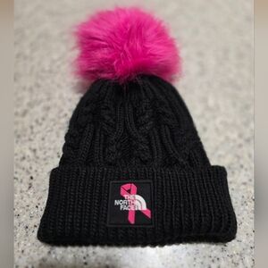 The North Face Black Knit Beanie with Pink Pom OS